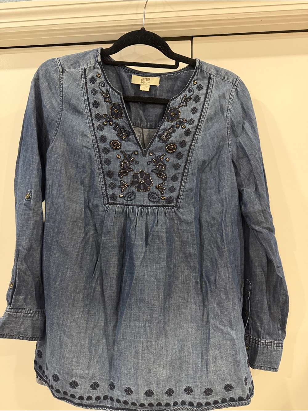 Vintage America Navy Embroidered Chambray Top ( AA box)